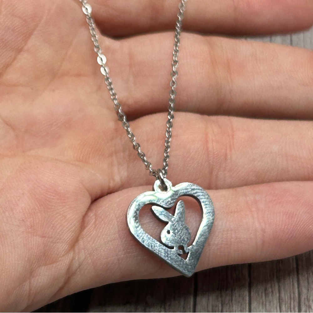 NEW PLAYBOY Cutout Heart Playboy Bunny Pendant Necklace Silver Y2K - Picture 6 of 13